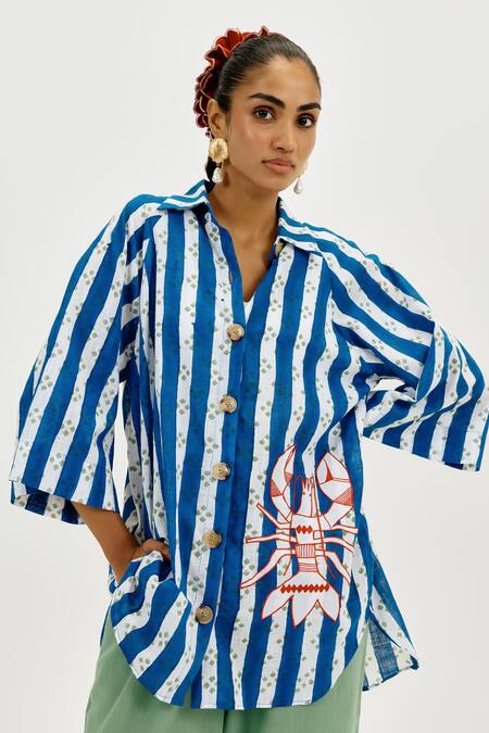 Shop Jodi Blue Cotton Applique Collared Ira Striped Shirt Online at Aza Fashions Shop_Jodi_Blue Cotton Applique Collared Ira Striped Shirt _Online_at_Aza_Fashions