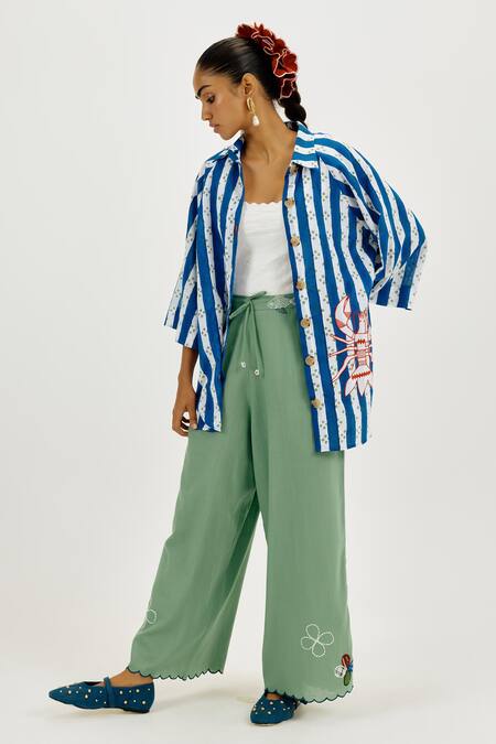 Jodi_Green Cotton Embroidery, Applique Emi Wide-legged Trouser _Online_at_Aza_Fashions