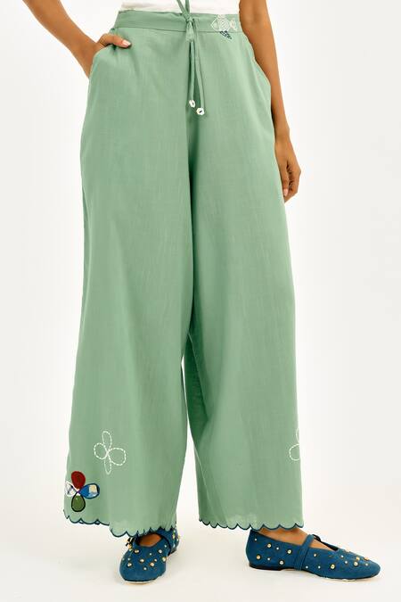 Jodi_Green Cotton Embroidery, Applique Emi Wide-legged Trouser _at_Aza_Fashions