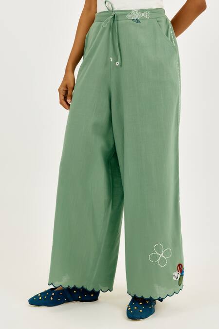Buy_Jodi_Green Cotton Embroidery, Applique Emi Wide-legged Trouser 
