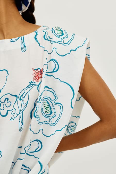 Jodi_White Linen, Satin Embroidery Round Neck Amari Printed Top _Online_at_Aza_Fashions