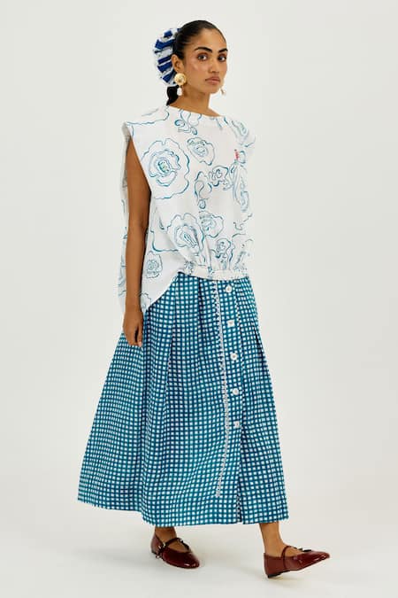 Shop_Jodi_White Linen, Satin Embroidery Round Neck Amari Printed Top _Online_at_Aza_Fashions