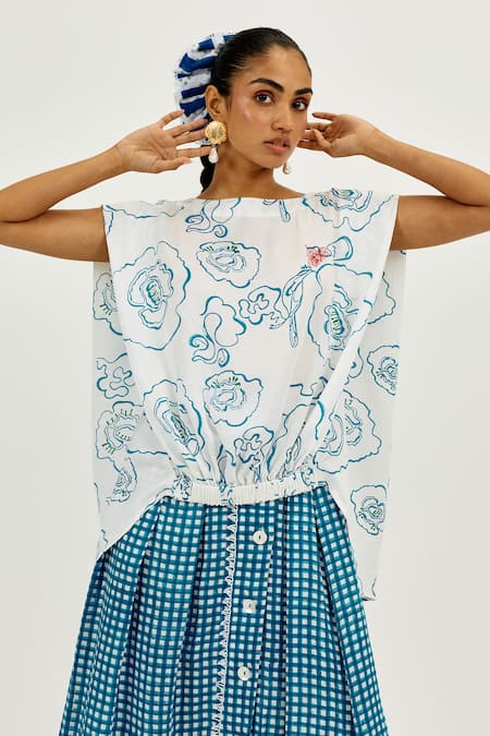 Jodi White Linen, Satin Embroidery Round Neck Amari Printed Top 