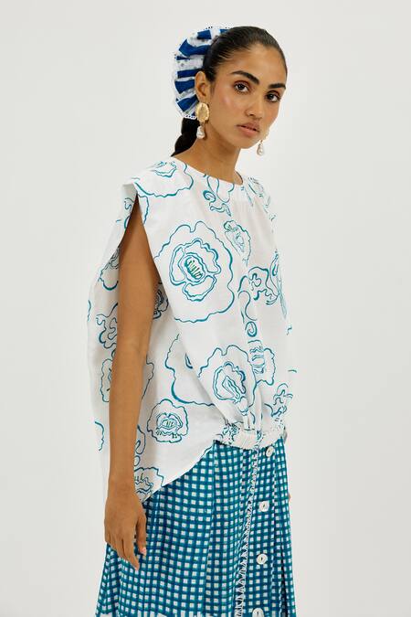 Jodi_White Linen, Satin Embroidery Round Neck Amari Printed Top _at_Aza_Fashions