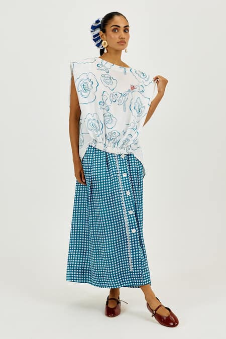 Buy_Jodi_White Linen, Satin Embroidery Round Neck Amari Printed Top 