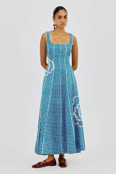 Jodi Blue Linen Embroidery Square Neck Soro Check Dress Online at Aza Fashions Jodi_Blue Linen Embroidery Square Neck Soro Check Dress _Online_at_Aza_Fashions