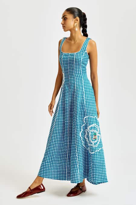 Buy Jodi Blue Linen Embroidery Square Neck Soro Check Dress Online at Aza Fashions Buy_Jodi_Blue Linen Embroidery Square Neck Soro Check Dress _Online_at_Aza_Fashions
