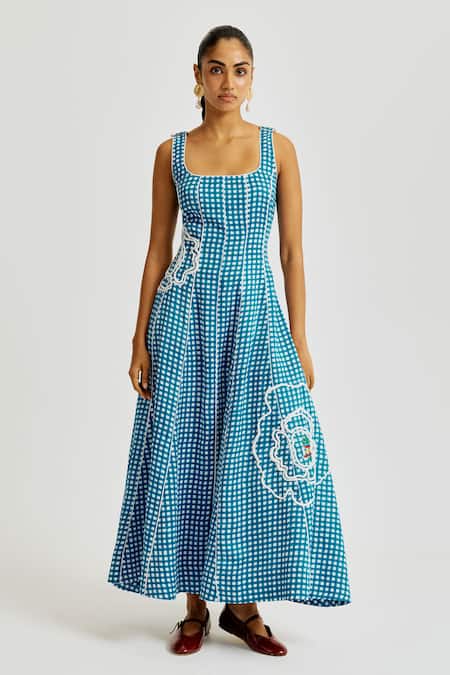 Jodi Blue Linen Embroidery Square Neck Soro Check Dress 