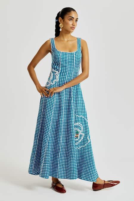 Shop Jodi Blue Linen Embroidery Square Neck Soro Check Dress Online at Aza Fashions Shop_Jodi_Blue Linen Embroidery Square Neck Soro Check Dress _Online_at_Aza_Fashions