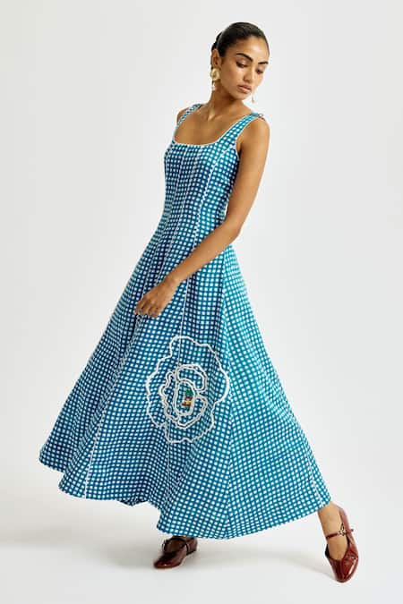 Jodi Blue Linen Embroidery Square Neck Soro Check Dress at Aza Fashions Jodi_Blue Linen Embroidery Square Neck Soro Check Dress _at_Aza_Fashions