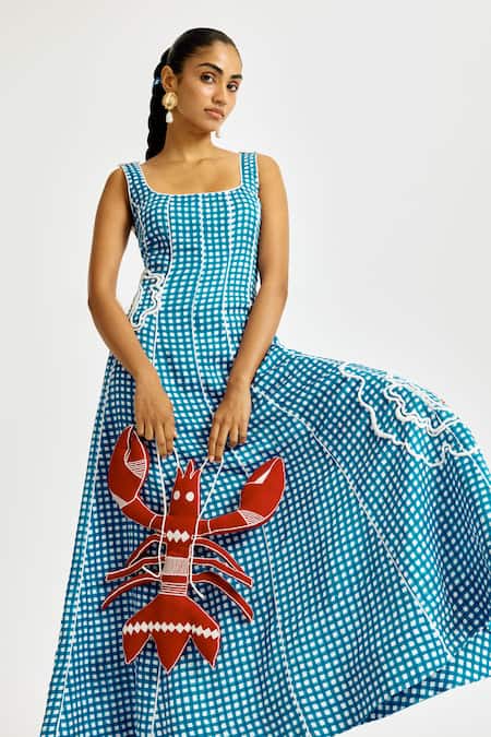 Buy Jodi Blue Linen Embroidery Square Neck Soro Check Dress Buy_Jodi_Blue Linen Embroidery Square Neck Soro Check Dress