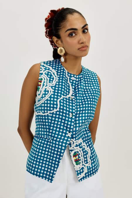 Jodi Blue Linen, Satin Applique, Embroidery Round Neck Soro Check Waistcoat 