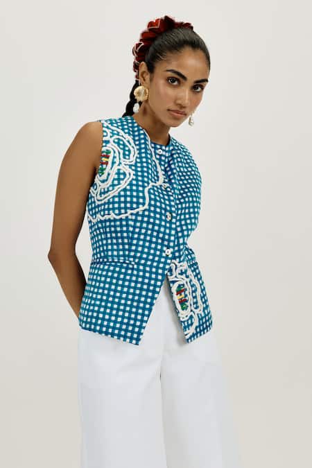 Jodi_Blue Linen, Satin Applique, Embroidery Round Neck Soro Check Waistcoat _Online_at_Aza_Fashions