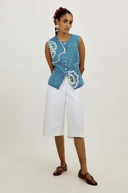 Buy_Jodi_Blue Linen, Satin Applique, Embroidery Round Neck Soro Check Waistcoat _Online_at_Aza_Fashions