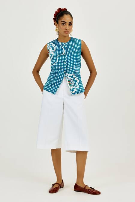 Shop_Jodi_Blue Linen, Satin Applique, Embroidery Round Neck Soro Check Waistcoat _Online_at_Aza_Fashions