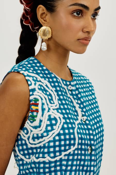 Jodi_Blue Linen, Satin Applique, Embroidery Round Neck Soro Check Waistcoat _at_Aza_Fashions