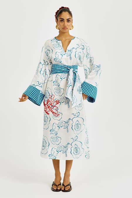 Jodi White Linen, Satin Embroidery Split V-neck Amari Kaftan Dress 