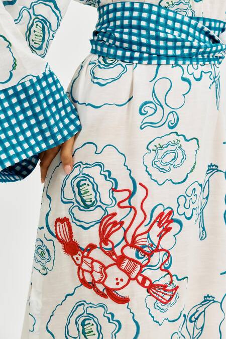 Shop Jodi White Linen, Satin Embroidery Split V-neck Amari Kaftan Dress Online at Aza Fashions Shop_Jodi_White Linen, Satin Embroidery Split V-neck Amari Kaftan Dress _Online_at_Aza_Fashions