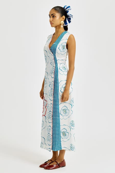 Jodi_White Linen, Satin Embroidery V-neck Amari Wrap Dress _Online_at_Aza_Fashions