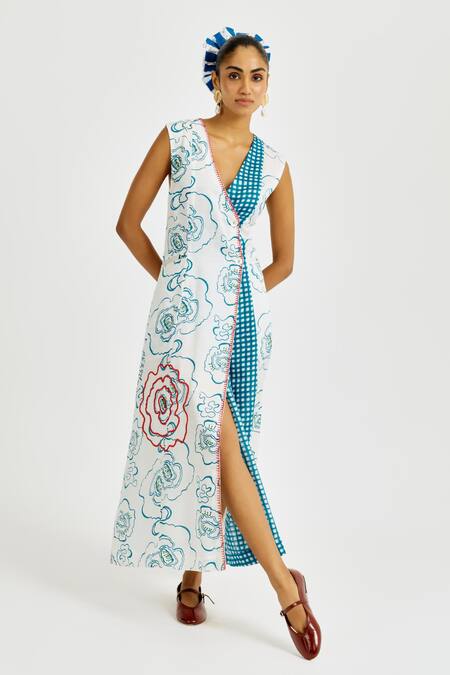 Buy_Jodi_White Linen, Satin Embroidery V-neck Amari Wrap Dress _Online_at_Aza_Fashions