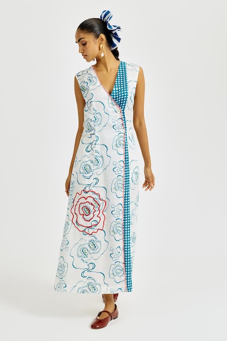 Shop_Jodi_White Linen, Satin Embroidery V-neck Amari Wrap Dress _Online_at_Aza_Fashions