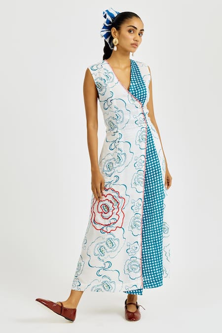 Jodi White Linen, Satin Embroidery V-neck Amari Wrap Dress 
