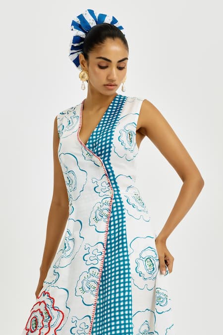 Jodi_White Linen, Satin Embroidery V-neck Amari Wrap Dress _at_Aza_Fashions