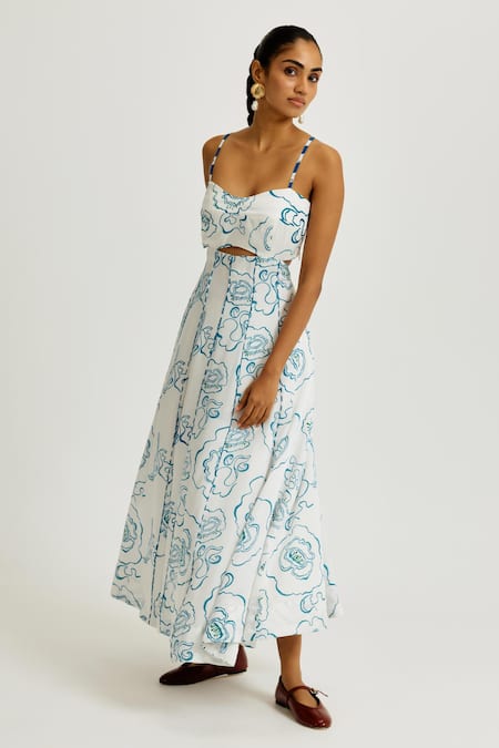 Jodi_White Linen, Satin Sweetheart Neck Amari Printed Dress _Online_at_Aza_Fashions