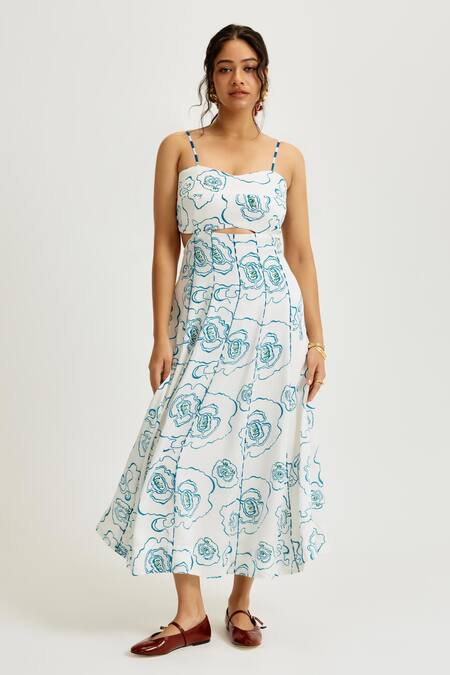 Buy_Jodi_White Linen, Satin Sweetheart Neck Amari Printed Dress _Online_at_Aza_Fashions