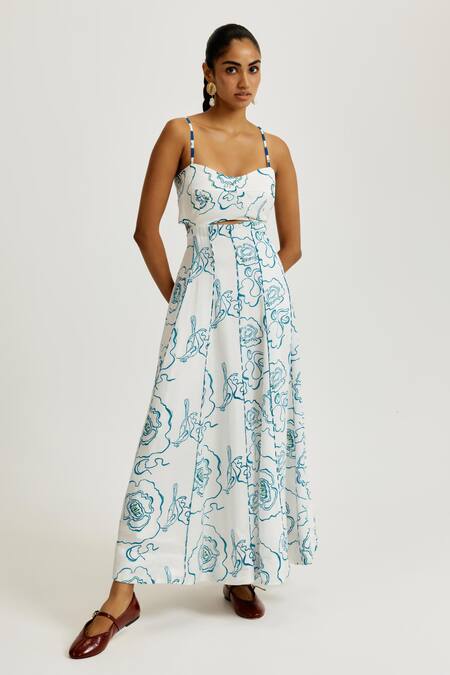 Shop_Jodi_White Linen, Satin Sweetheart Neck Amari Printed Dress _Online_at_Aza_Fashions