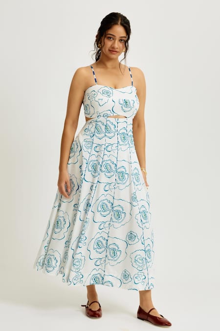 Jodi White Linen, Satin Sweetheart Neck Amari Printed Dress 