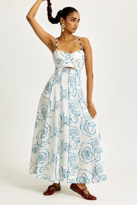 Buy_Jodi_White Linen, Satin Sweetheart Neck Amari Printed Dress 