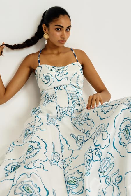 Shop_Jodi_White Linen, Satin Sweetheart Neck Amari Printed Dress 