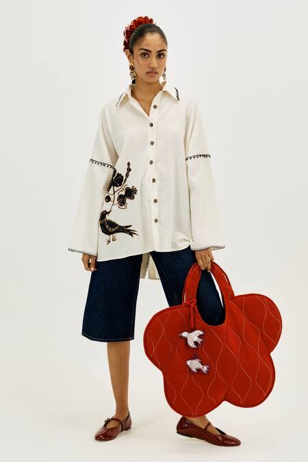 Buy_Jodi_Off White Cotton Applique, Embroidery Split V-neck Karbi Handloom Day Dress _Online_at_Aza_Fashions