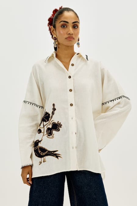 Jodi Off White Cotton Applique, Embroidery Split V-neck Karbi Handloom Day Dress 