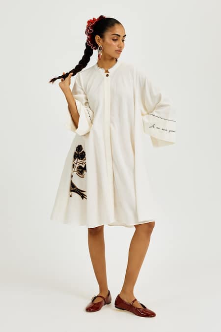 Jodi White Cotton Applique, Embroidery Mandarin Collar Karbi Handloom Short Dress 