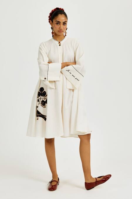 Jodi_White Cotton Applique, Embroidery Mandarin Collar Karbi Handloom Short Dress _Online_at_Aza_Fashions