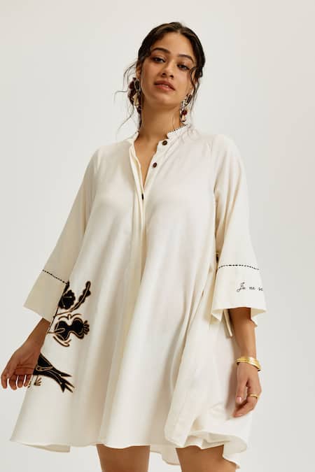 Shop_Jodi_White Cotton Applique, Embroidery Mandarin Collar Karbi Handloom Short Dress _Online_at_Aza_Fashions