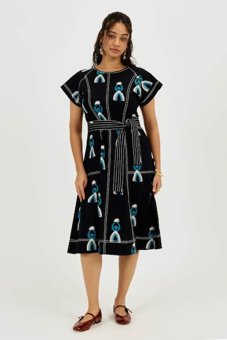 Jodi_Black Poplin Embroidery, Piping Round Neck Africana Day Dress _Online_at_Aza_Fashions