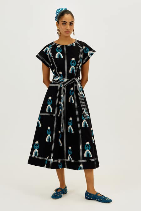 Jodi Black Poplin Embroidery, Piping Round Neck Africana Day Dress 