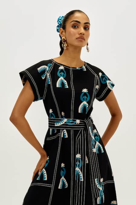 Buy_Jodi_Black Poplin Embroidery, Piping Round Neck Africana Day Dress _Online_at_Aza_Fashions