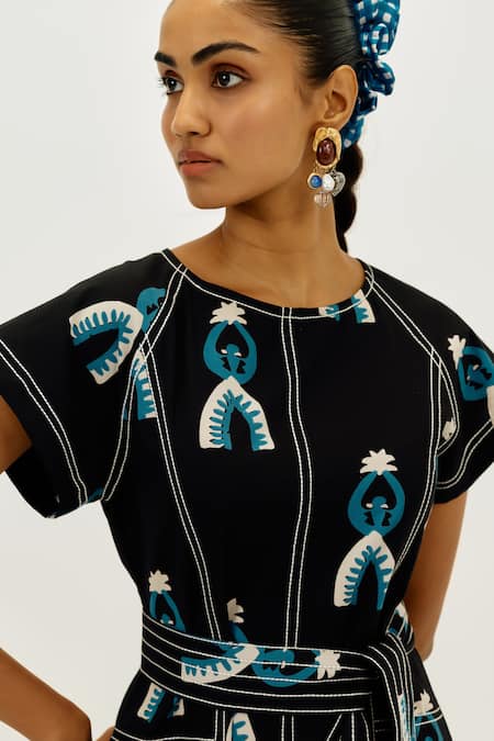 Shop_Jodi_Black Poplin Embroidery, Piping Round Neck Africana Day Dress _Online_at_Aza_Fashions