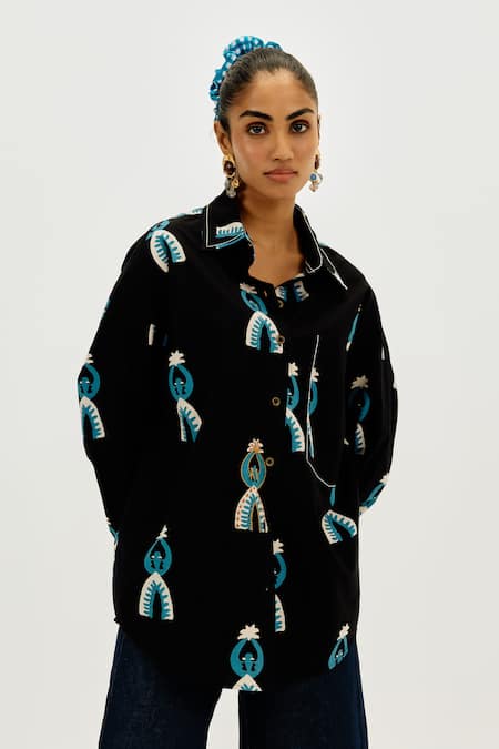 Jodi_Black Poplin Collared Africana Printed Shirt _Online_at_Aza_Fashions