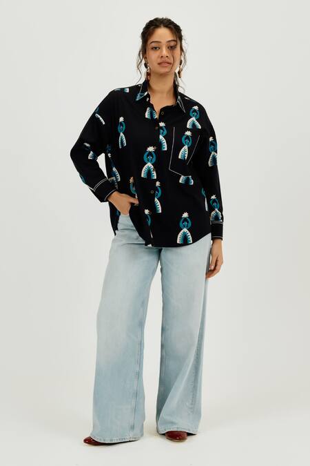 Buy_Jodi_Black Poplin Collared Africana Printed Shirt _Online_at_Aza_Fashions