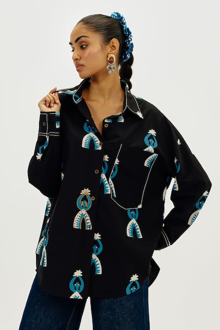 Jodi Black Poplin Collared Africana Printed Shirt 