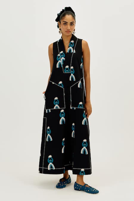 Jodi Black Poplin V-neck Africana Printed Dress 