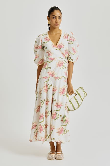 Jodi White Handloom Cotton Embroidery V-neck Moor Handwoven Wrap Dress 