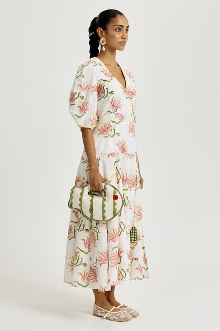 Jodi White Handloom Cotton Embroidery V-neck Moor Handwoven Wrap Dress Online at Aza Fashions Jodi_White Handloom Cotton Embroidery V-neck Moor Handwoven Wrap Dress_Online_at_Aza_Fashions