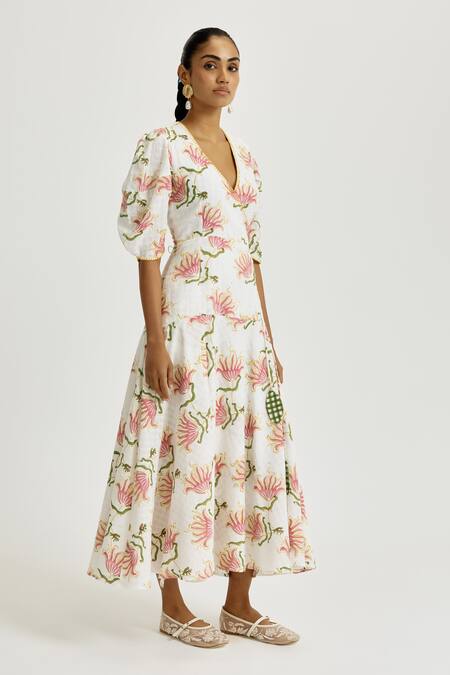 Buy Jodi White Handloom Cotton Embroidery V-neck Moor Handwoven Wrap Dress Online at Aza Fashions Buy_Jodi_White Handloom Cotton Embroidery V-neck Moor Handwoven Wrap Dress_Online_at_Aza_Fashions