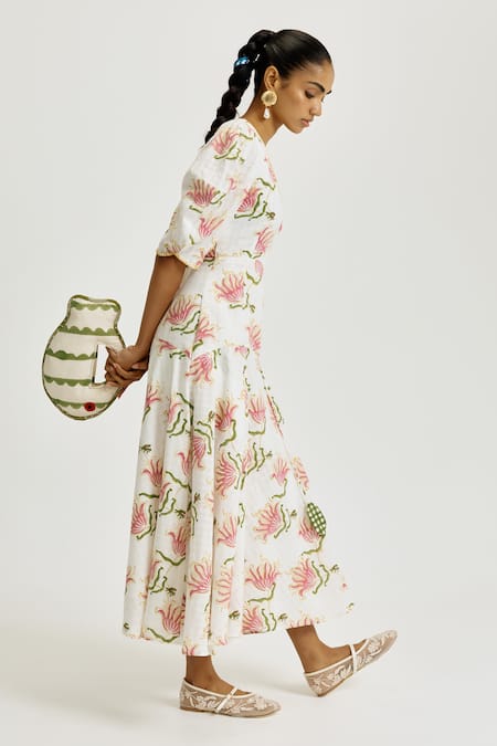 Shop Jodi White Handloom Cotton Embroidery V-neck Moor Handwoven Wrap Dress Online at Aza Fashions Shop_Jodi_White Handloom Cotton Embroidery V-neck Moor Handwoven Wrap Dress_Online_at_Aza_Fashions